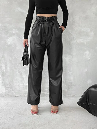 Kendinden ince kemerli deri pantolon siyah t1178