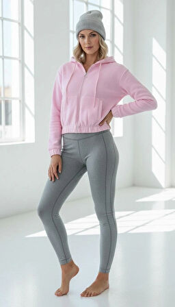 3 iplik şardonlu Kapşonlu fermuarlı kısa üst pembe pat8590