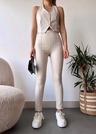 İki düğmeli deri yelek krem s243001