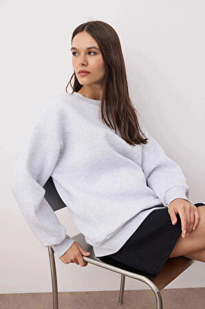 3 iplik şardonlu bisiklet yaka sweatshirt gri