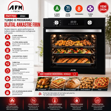 AFM Serisi RM6 Siyah Cam Turbo+Soğutma Dijital Dokunmatik 3'lü Ankastre Set (Fırın+Ocak+Davlumbaz