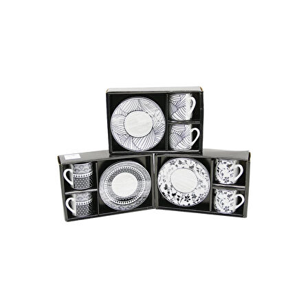 SİYAH - BEYAZ 4PCS=2-TAKIM  PORSELEN KAHVE FİNCANI  ÇİÇEK - ÇİZGİ - NOKTA MİX DESEN (5365)