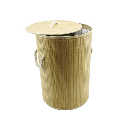 YUVARLAK BAMBU AHŞAP KİRLİ ÇAMAŞIR SEPETİ 35X60CM SEYYAR KAPAKLI İÇİ BEZLİ İP KULPLU (5365)