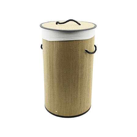 YUVARLAK HASIR - AHŞAP KİRLİ ÇAMAŞIR SEPETİ 37X60CM SEYYAR KAPAKLI İÇİ BEZLİ İP KULPLU (5365)