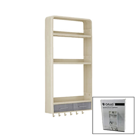BEJ YAPIŞKANLI DUVAR ORGANİZERİ PLASTİK 3 RAF=14CM-19CM-30CM - 2 ÇEKMECE=40CM - 6 ASKI 19 PCARÇA (5365)
