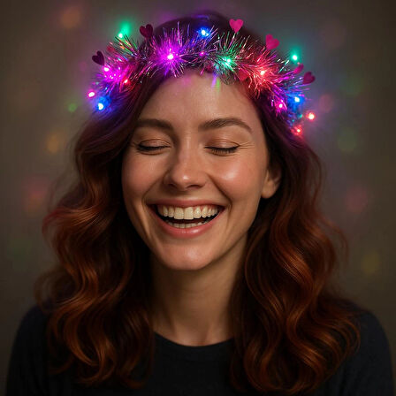 Kalp Püsküllü Gece Parıltısı 3 Modlu LED&amp;apos;li Işıklı Taç Fuşya Renk (5365)