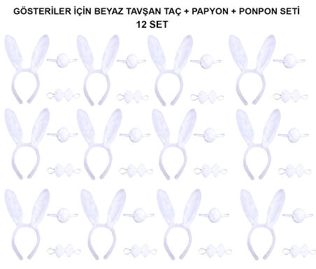 Beyaz Tavşan Kostüm Seti – Taç, Papyon, Kuyruk (12’li Paket) (5365)