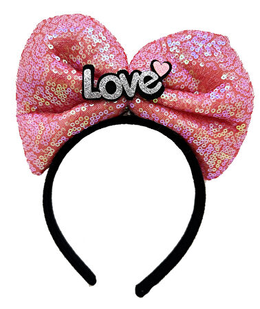 Led Işıklı 3 Farklı Fonksiyonda Yanan Gümüş Love Yazılı Fuşya Pembe Fiyonk Taç 20X17 cm (5365)