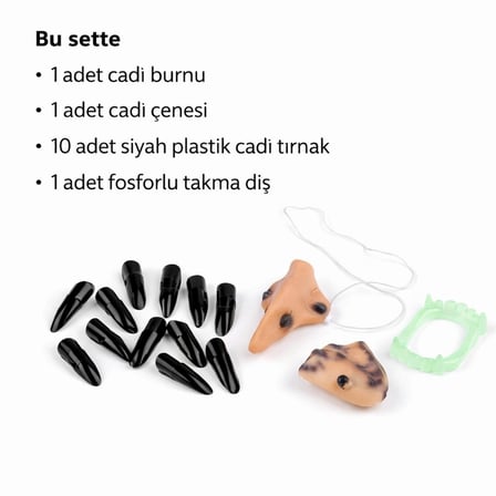 Cadı Aksesuar Seti – Burun, Çene, Fosforlu Diş ve 10 Adet Siyah Tırnak (5365)