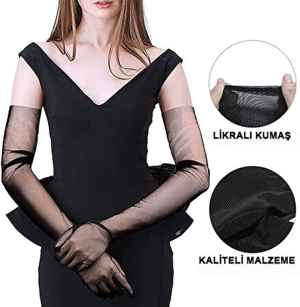 Uzun Boy Likralı Siyah Renk Yetişkin Mega Tül Eldiven 53 cm (5365)