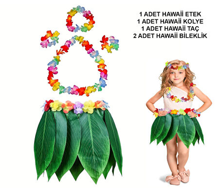 Çocuk Hawaii Kostüm Seti - Yaprak Etek &amp;amp;amp; Hawaii Set - 5 Parça (5365)