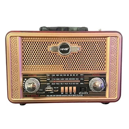 Retro, Nostaljik, Ahşap Tasarım Bluetooth Hoparlörlü, Şarjlı, Taşınabilir Otantik Tasarımlı FM/AM Destekli Radyo NS8098 (5365)