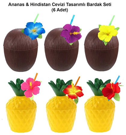Ananas &amp;amp;amp; Hindistan Cevizi Tasarımlı Pipetli Bardak Seti (6 Adet) (5365)