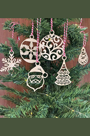 6 Parça Kırmızı Beyaz İpli Noel Babalı ve Kar Tanesi Model Ahşap Yılbaşı Ağaç Süsü (5365)