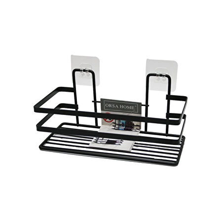 YAPIŞKANLI ASKILI ÇOK AMAÇLI SİYAH KARE BANYO RAF (5365)