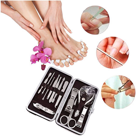 Çantalı Manikür Pensi Profesyonel ve Manikür Pedikür Seti 13 Parça Tırnak Eti İtici Ve Cımbız (5365)