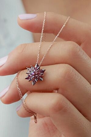 925 Ayar Gümüş 4 Katman Mor Lotus Çiçeği Kolye