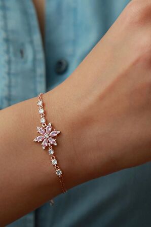 925 Ayar Rose Pembe Taşlı Lotus Gümüş Bileklik