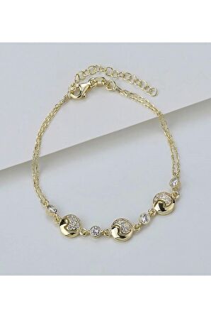 925 Ayar Gold Yuvarlak Zirkon Taşlı Gümüş Bileklik