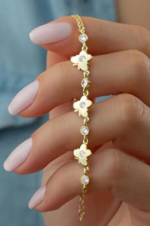 925 Ayar Gold 3'lü Kelebek Zirkon Taşlı Gümüş Bileklik