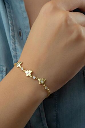 925 Ayar Gold 3'lü Kelebek Zirkon Taşlı Gümüş Bileklik