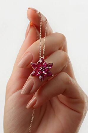 925 Ayar Rose Fuşya Zirkon Taşlı Lotus Gümüş Kolye