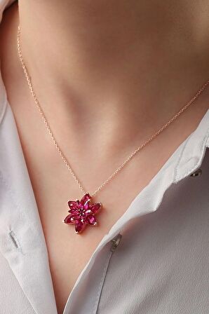925 Ayar Rose Fuşya Zirkon Taşlı Lotus Gümüş Kolye