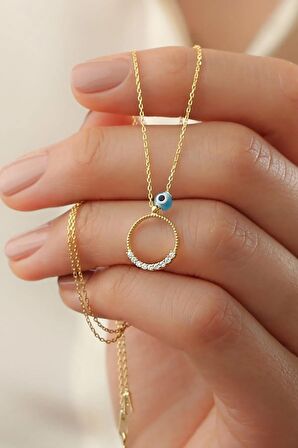 925 Ayar Gold Zirkon Taşlı Nazarlı Halka Gümüş Kolye