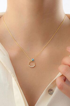 925 Ayar Gold Zirkon Taşlı Nazarlı Halka Gümüş Kolye