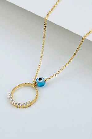 925 Ayar Gold Zirkon Taşlı Nazarlı Halka Gümüş Kolye