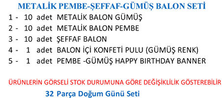 METALİK PEMBE-ŞEFFAF-GÜMÜŞ BALON+BANNER SETİ