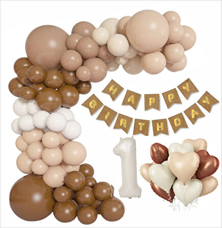 KRAFT GOLD BANNER 1 YAŞ FOLYO KALPLİ 30 BALON KONSEPT DOĞUM GÜNÜ SETİ