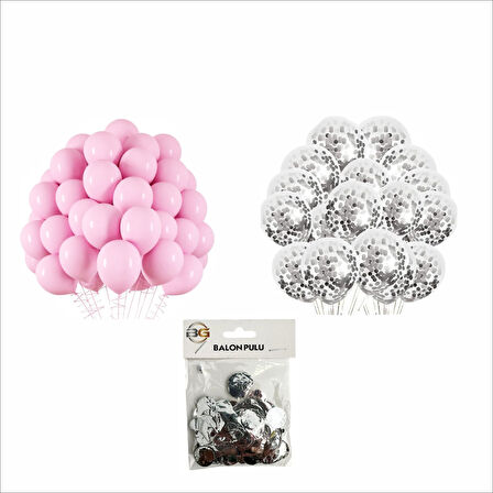 10 ADET PEMBE VE 10 ADET ŞEFFAF 1 ADET GÜMÜŞ KONFETİLİ BALON SETİ