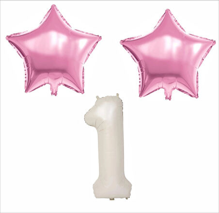 1 YAŞ BEJ RENK FOLYO BALON, 2 ADET PEMBE YILDIZ FOLYO BALON