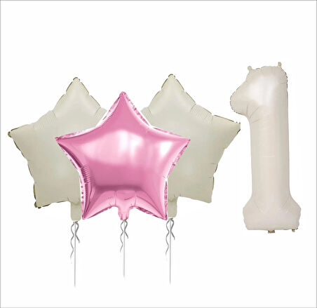 1 YAŞ BEJ RENK FOLYO BALON, 1 ADET PEMBE, 2 ADET BEJ YILDIZ FOLYO BALON