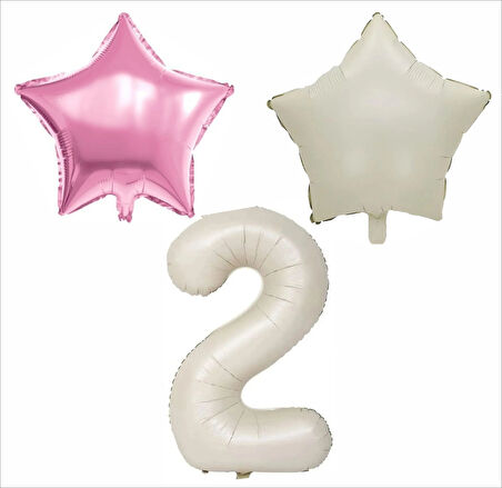 2 YAŞ BEJ RENK FOLYO BALON, 1 ADET PEMBE, 1 ADET BEJ YILDIZ FOLYO BALON