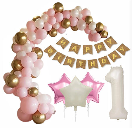 1 YAŞ KRAFT GOLD BANNER, 30 ADET PEMBE, GOLD, BEYAZ BALON 2 PEMBE 1 BEJ YILDIZLI DOĞUM GÜNÜ SETİ