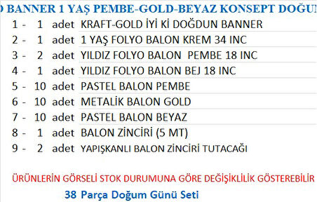 1 YAŞ KRAFT GOLD BANNER, 30 ADET PEMBE, GOLD, BEYAZ BALON 2 PEMBE 1 BEJ YILDIZLI DOĞUM GÜNÜ SETİ