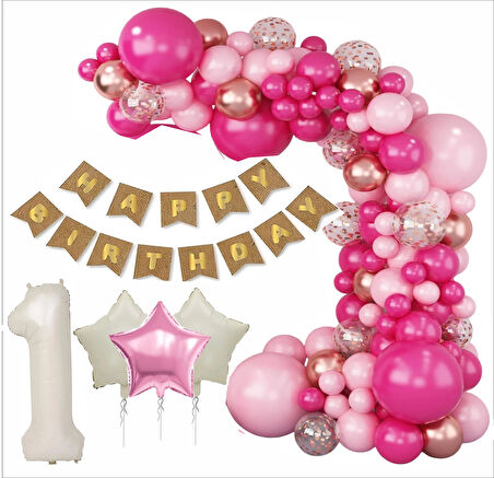 1 YAŞ KRAFT GOLD BANNER, 30 ADET PEMBE, GOLD, METALİK PEMBE,ŞEFFAF BALON 1 PEMBE 2 BEJ YILDIZLI DOĞUM GÜNÜ SETİ