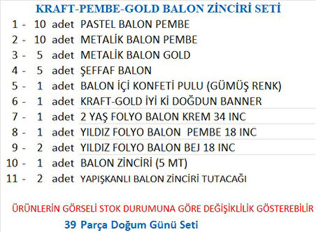 2 YAŞ KRAFT GOLD BANNER, 30 ADET PEMBE, GOLD, METALİK PEMBE,ŞEFFAF BALON 1 PEMBE 2 BEJ YILDIZLI DOĞUM GÜNÜ SETİ