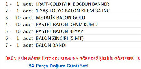 1 YAŞ KRAFT-GOLD, DENİZ KUMU, BEYAZ TEMALI DOĞUM GÜNÜ SETİ