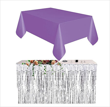 Mor Masa Örtüsü, Gümüş Masa Eteği, Siyah Arka Fon 