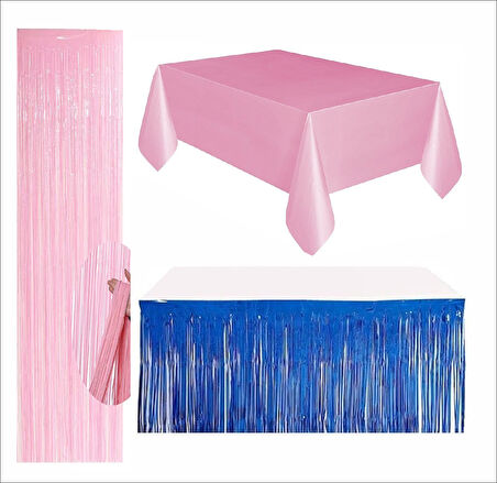 Pembe Masa Örtüsü, Lacivert Masa Eteği, Pembe Arka Fon