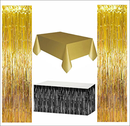 Gold Masa Örtüsü, Siyah Masa Eteği, 2 Adet Gold Arka Fon