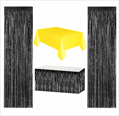 Sarı Masa Örtüsü, Siyah Masa Eteği, 2 Adet Siyah Arka Fon
