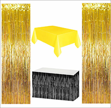 Sarı Masa Örtüsü, Siyah Masa Eteği, 2 Adet Gold Arka Fon