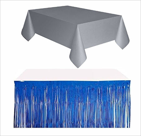 Gümüş Masa Örtüsü, Lacivert Masa Eteği, 2 Adet Gümüş Arka Fon