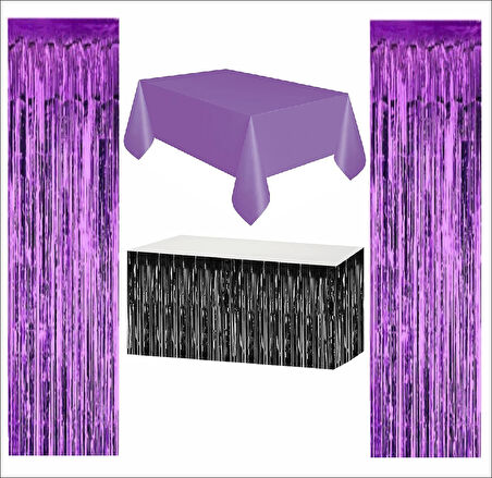 Mor Masa Örtüsü, Siyah Masa Eteği,  2 Adet Mor Arka Fon