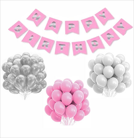 Pembe Gümüş Beyaz Balon-Banner Seti