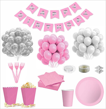 Pembe Beyaz 8 Kişilik Doğum Günü Seti